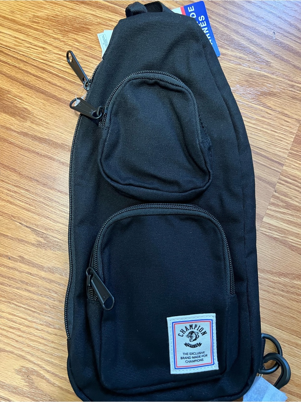 Champion Black Canvas Sling Bag with Front Patch